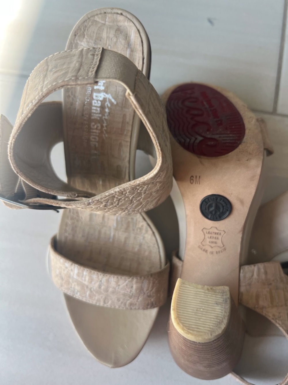 Neutral Textured Ankle-Strap Heels in Beige